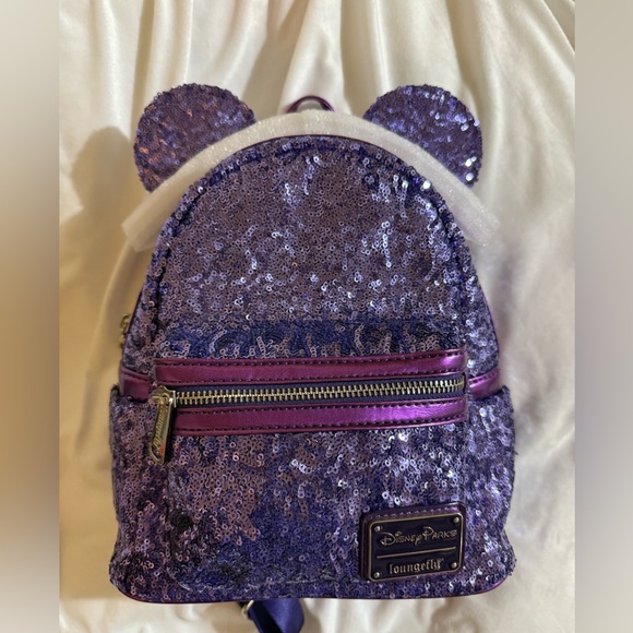 Loungefly Disney Parks Sparkling Purple Sequin Backpack - Picture 2 of 4